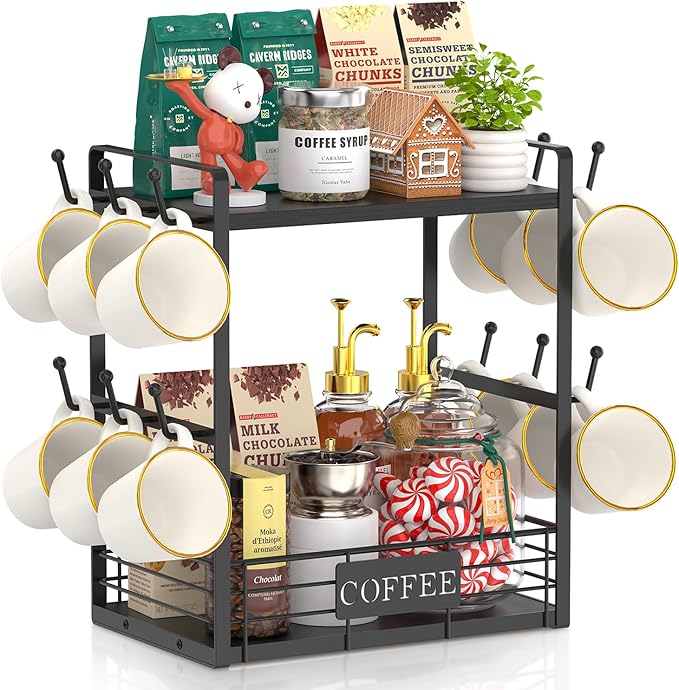 EsLuker.ly Coffee Mug Cup Holder Stand Bar Station Organizer for Countertop, Multi-Functional 2 Tier Mug Tree Rack for Kitchen, Storage Shelf with 12 Hooks, Black(Patented Design)