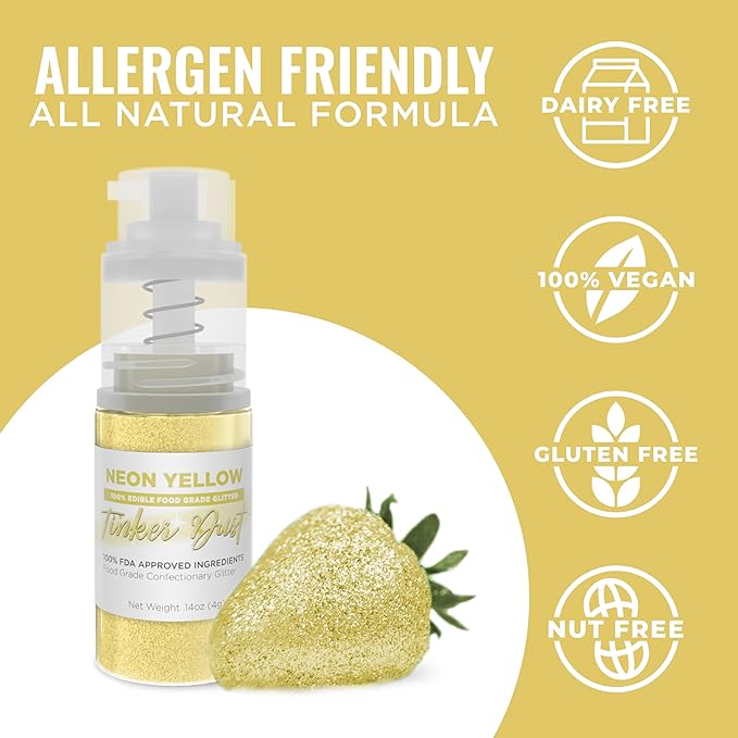 Bakell - Neon Yellow Tinker Dust (4g, 1x Mini Spray Pump) Edible Glitter for Food, Desserts, and Beverages!