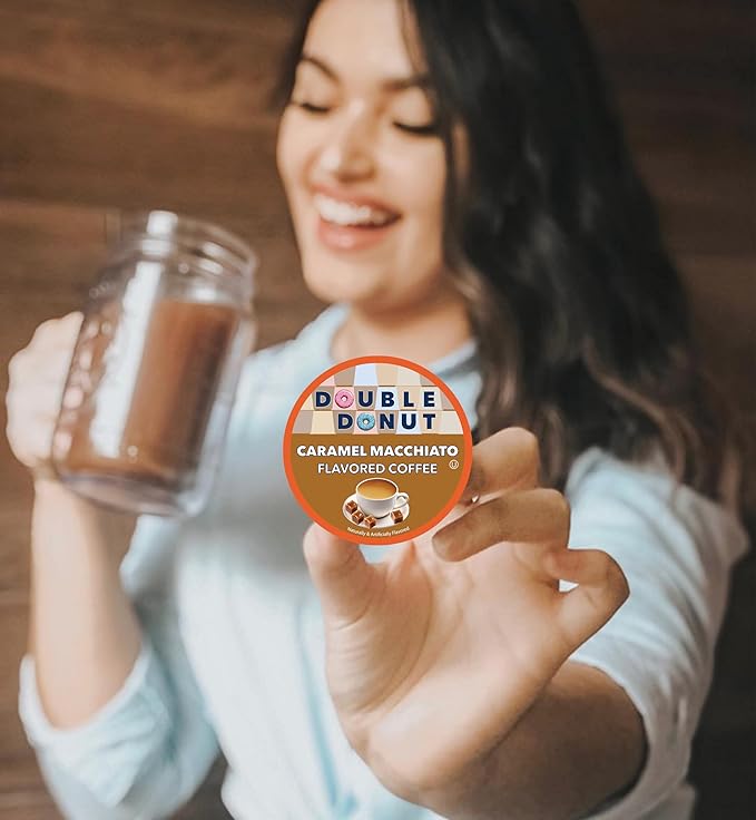 Double Donut Coffee Flavored Coffee Pods, Caramel Macchiato Coffee for Keurig K Cups Machines, Medium Roast in Recyclable Pods, 24 Count
