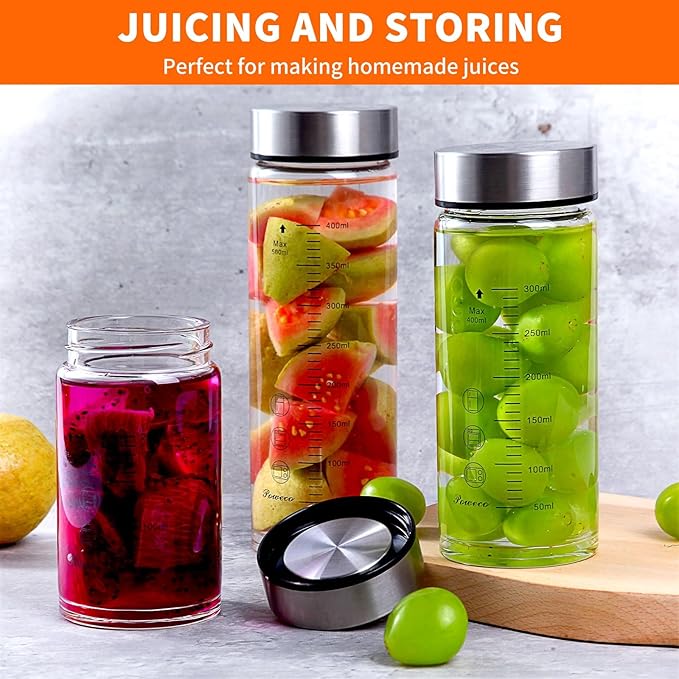Glass Juice Bottles 6 Pack 12 oz - Wide Mouth Glass Water Bottles with Lids - for Juicing, Protein, Smoothie, Milk, Reusable, BPA Free, Stainless Steel Lids, Blender, Shaker Bottle (12oz/400ml)