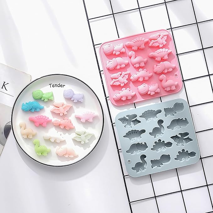 Dinosaur Silicone Molds, 12-Cavity Different Shape Dinosaur Chocolate Molds for Make Chocolate, Candy, Jelly, Ice Cube, Dog Treats, Resin Crafts (Set of 2 PCS)