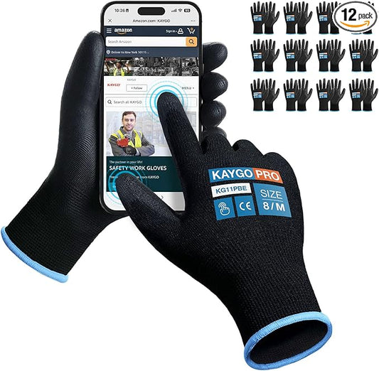 KAYGO Safety Work Gloves PU Coated for Men and Women, 12 Pairs KG11PB, Seamless Knit Glove with Two Fingers Touchscreen, breathable and lightweight Ideal for General Duty Work (Medium,Black)