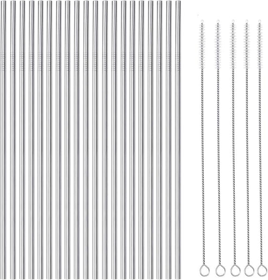 25 Piece Set Stainless Steel Straws Ultra Long 10.5 Inch Drinking Metal Straws Reusable Drinking Straws for 20 30 OZ (20 Straight| 5 Brushes)