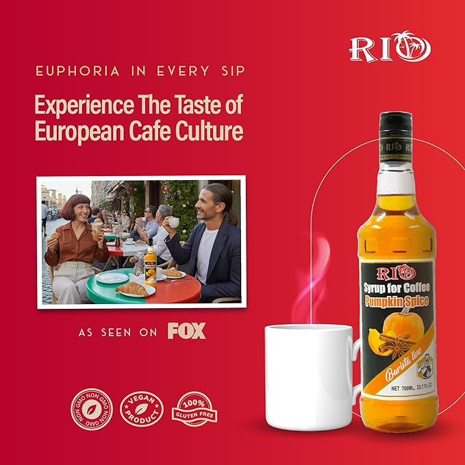 RIO Pumpkin Spice Coffee Syrup, Perfect for Hot or Iced Drinks & Desserts, Warm & Spicy Flavoring Sweetened with Pure Cane Sugar, Barista-Grade Flavor Syrups for Coffee Drinks at Home & Work - 700ml