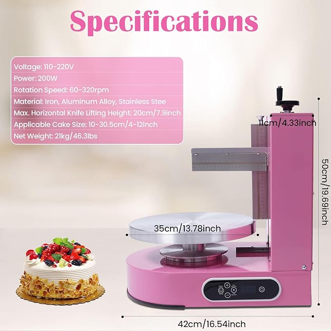 Cake Decorating Machine 200W Automatic, Tabletop Cake Cream Frosting Machine, Cream Smooth Coating Decoration Machine with LCD Display Type, Use for Cake Shops, Dessert Shops, Households (Pink)