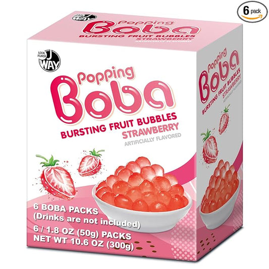 J WAY Bursting Popping Strawberry Boba Pearls, Strawberry Syrup, Non-Dairy, Fat-Free Popping Tapioca Boba for Beverages, Sweets, Ice Cream, 1.8oz (Pack of 6)