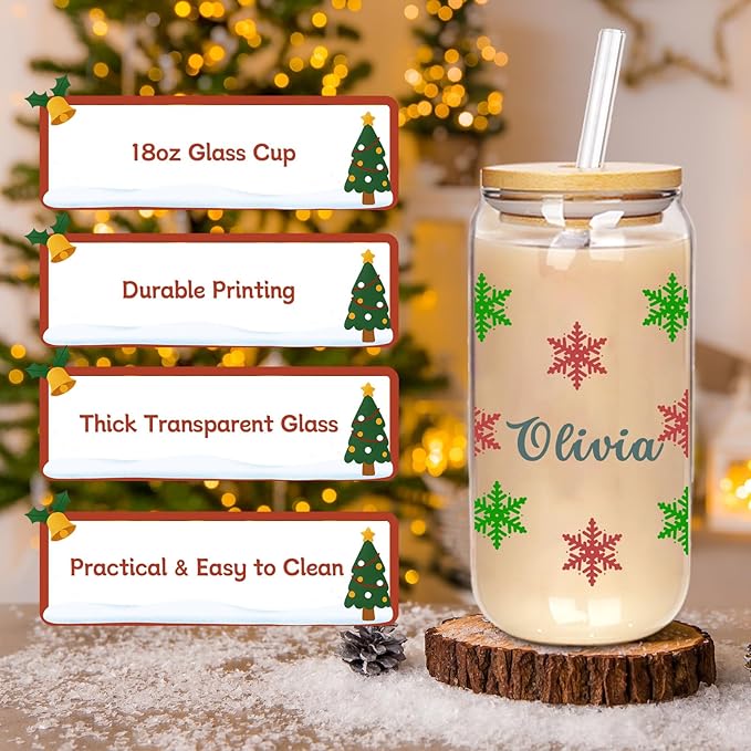 Personalised Christmas Cup, 18oz Clear Glass Cups with Lids and Straws，Cute Cups for Women，Snowflake Design, Reusable Drinking Cup with Bamboo Lids, Christmas Gifts for Men, Women and Friends