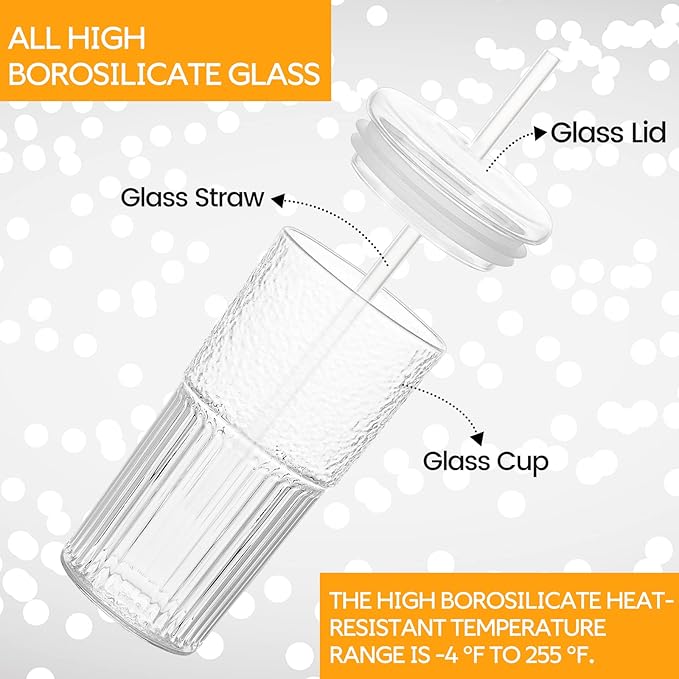 Glass Cups With Lids and Glass Straws，20 OZ High Borosilicate Glass Tumbler Iced Coffee Water Smoothie…