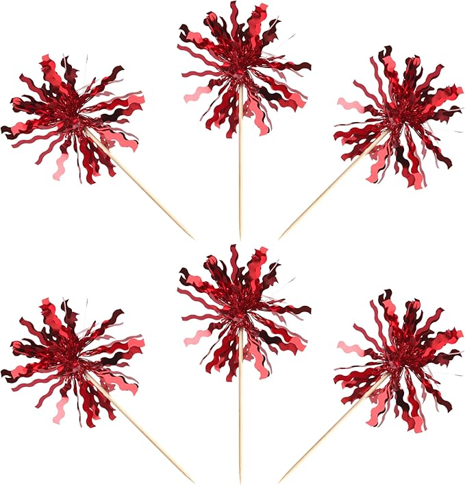 30 PCS Foil Firework Cupcake Toppers Sparkle Tinsel Cupcake Picks Happy Birthday Cake Toppers Drink Stirrers Cocktail Food Fruit Toothpicks for Baby Shower Birthday Party Decorations Supplies Red