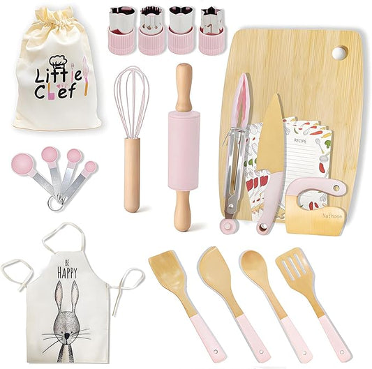 Wooden Cooking & Baking Set for Real Cooking, 32PCS Mini Knife Set Safe Montessori Kitchen Tools, Kitchen Knifes/Cutting Board/Apron with Storage Bag, Baking Utensils Christmas Gift for Little Chef