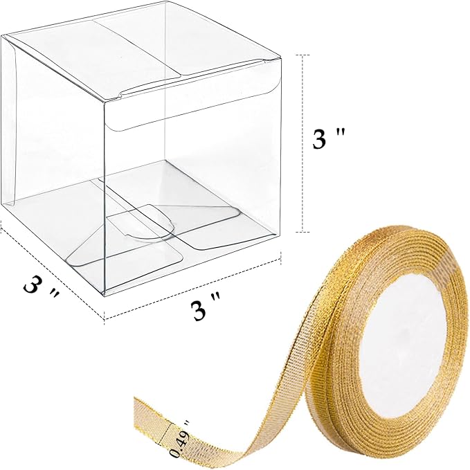 JOERSH 3x3x3 Inches Clear Favor Boxes for with Gold Gift Ribbons 30 PCS Transparent Plastic 3 Inch Mini Cube Gift Packaging Box for Party favors, Treats and Minigifts