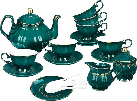 fanquare 21 Piece Vintage Porcelain Tea Set, Green with Gold Trim Fine China Tea Sets for Party, Teapot with Tea Cup and Saucers Set for 6, Christmas Gifts