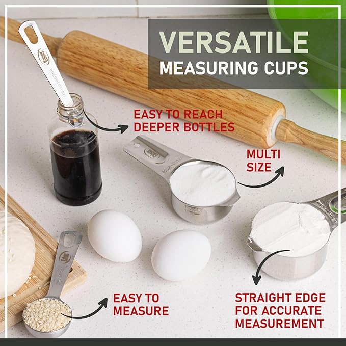 Kaluns Stainless Steel Measuring Cups, Measuring Spoons,16 Piece Measuring Cups and Spoons Set Includes Leveler and Measurements Card, Heavy-duty, Heat and Rust Resistant