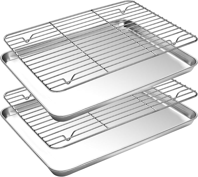 Small Baking Sheet with Cooling Rack Set [2 Baking Pans + 2 Wire Racks], CEKEE Stainless Steel Cookie Sheets for Baking, Heavy Duty & Dishwasher Safe Baking Sheets for Oven, Size 9 x 7 x 1 Inch