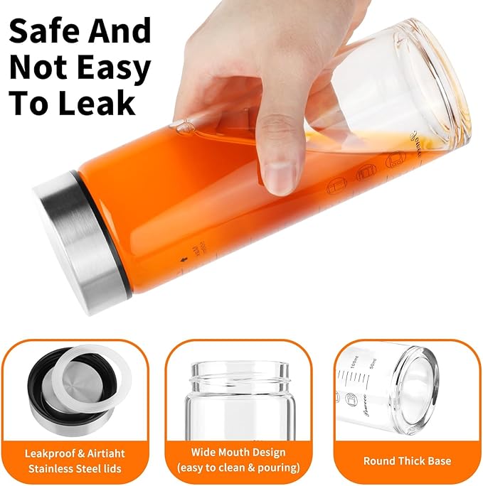 Glass Juice Bottles 6 Pack 10 oz - Wide Mouth Glass Water Bottles with Lids - for Juicing, Protein, Smoothie, Milk, Reusable, BPA Free, Stainless Steel Lids, Blender, Shaker Bottle (10oz/300ml)
