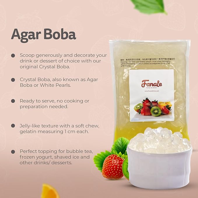 Fanale Crystal Agar Boba Jelly Ball, Ready to Serve, Soft Chew Texture, Instant Boba Pearls for Bubble Tea, Frozen Yogurt, Shaved Ice & Dessert’s Topping