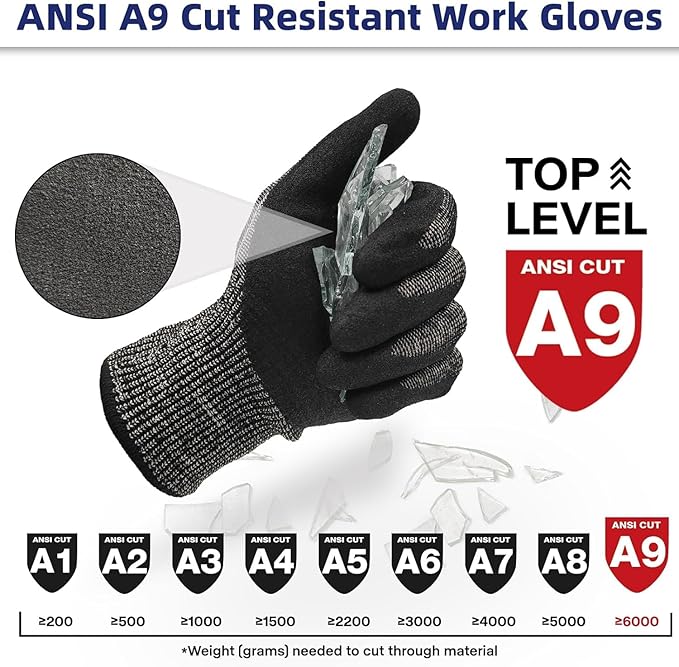 Schwer ProGuard Highest Level Cut Resistant Work Gloves PR3326 for Extreme Protection，ANSI A9 Cut Gloves with Reinforced Thumb, Non Slip, Non PFAS, Durable, Touch-screen, Black 120 Pairs, L