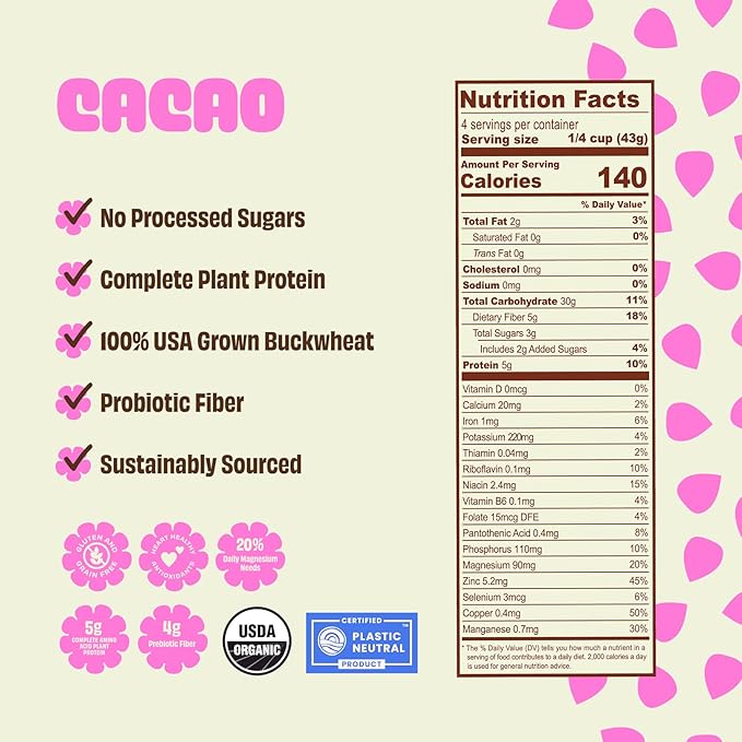 Lil Bucks Sprouted Regeneratively Grown Buckwheat Seeds– Paleo Cereal, Gluten-Free Granola, High in Protein, Low Sugar, Organic Superseed Crunch (CACAO, 3 Pack)