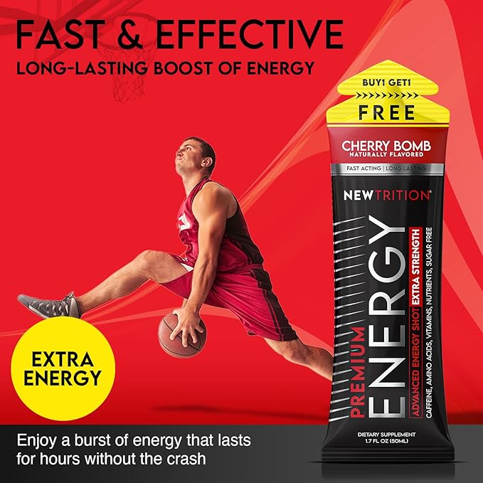 NewTrition® Extra Strength Energy Shots, 250mg Caffeine Energy Shots with Vitamin B & Amino Acids, Sugar-Free Vitamin Energy Shot, 1.7 fl oz (Pack of 12, Cherry Bomb)