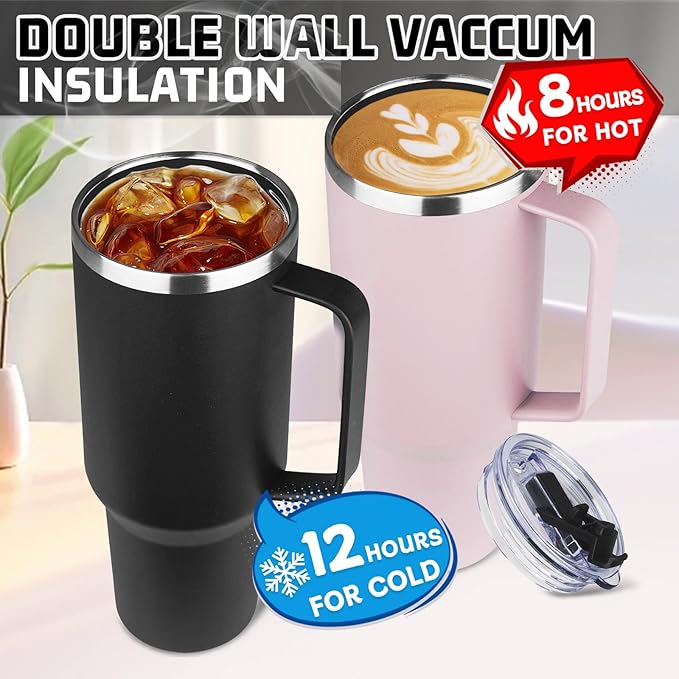 40 oz Tumbler with Handle and Flip Straw, 100% Leakproof Insulated Tumbler with Lid and Straw, Stainless Steel Travel Coffee Mug, Insulated Coffee Thermal Cup for Cold and Hot (Black)
