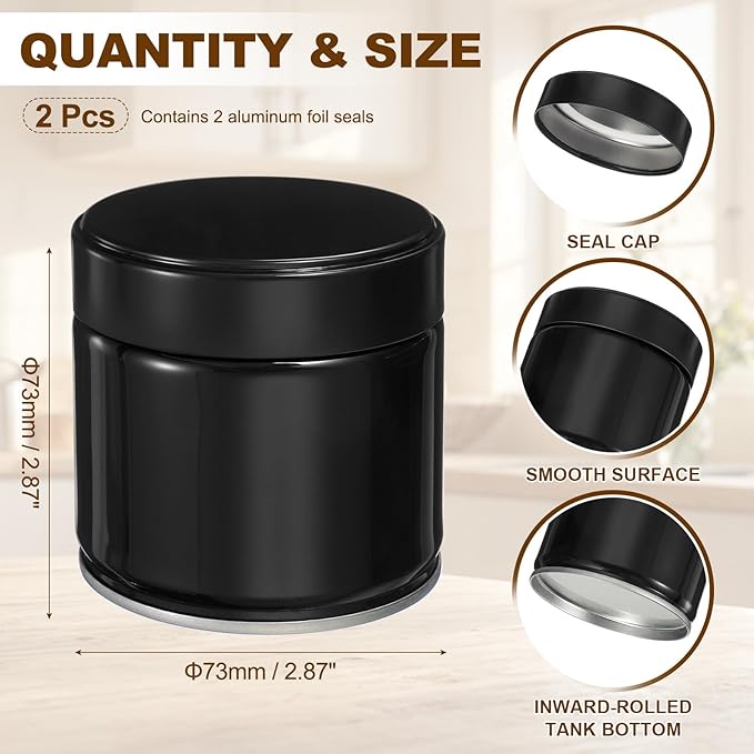 uxcell 2Pcs Round Tea Canisters, 3" x 3" Airtight Metal Tea Containers for Loose Tea, Coffee Beans, Spices - Durable, Compact, and Stylish Storage Tea Tin (Black)