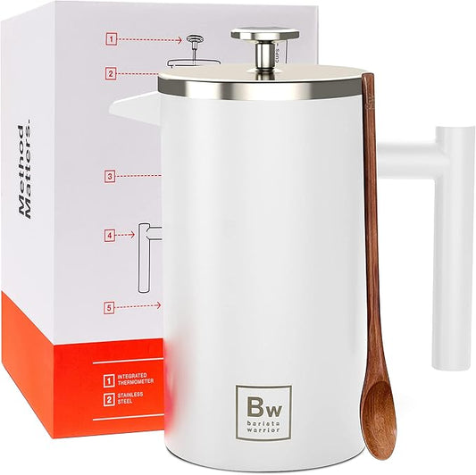 Barista Warrior French Press with Thermometer - Insulated Coffee Press - Stainless Steel Coffee Maker (1.0L | 34 fl oz) (White)