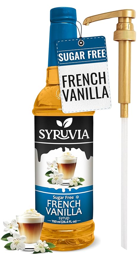 Syruvia Sugar Free Coffee Syrup, French Vanilla Flavored Syrup for Drinks, Lattes, and Desserts – 25.4 fl oz, With Pump