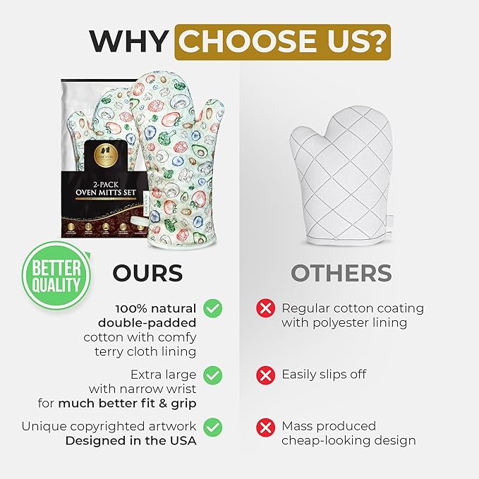Premium Green Oven Mitts - Stylish and Heat-Resistant - Non-Slip Platinum Silicone Grip - Long and Thick - 100% Natural Cotton Exterior and Soft Terry Cloth Lining - Set of 2 by Cook'n'Chic
