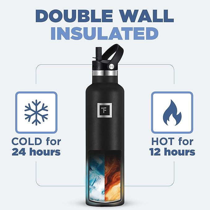 IRON °FLASK Camping & Hiking Hydration Canteens - 3 Lids (Narrow Straw Lid) Leak Proof Vacuum Insulated Stainless Steel - Hot & Cold Double Walled Sports Water Bottle - Elemental Gray, 24 Oz