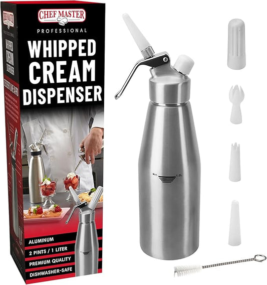 Chef Master (2 Pint / 1 Liter) Aluminum Whipped Cream Dispenser - Decorating Tips for Desserts, Coffee, Latte + Cleaning Brush - Whip Cream Dispenser Canister for Home, Bakery or Restaurant - 90077