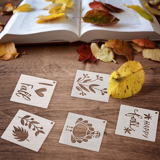 100 Pcs Stencils for Painting on Wood Reusable Stencil Crafts Drawing Templates Holiday Wall Paper for DIY Scrapbook Home 2 x 2 Inch(Maple, Pumpkin)