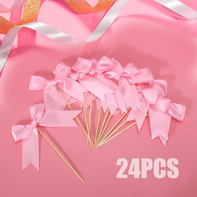 24Pcs Pink Bow Cupcake Toppers - Pink Bow Cake Topper Birthday Decorations, Bowknot Cupcake Picks for Coquette Bow Theme Party Decoration Bachelorette Bridal Engagement Wedding Baby Shower Party Decor