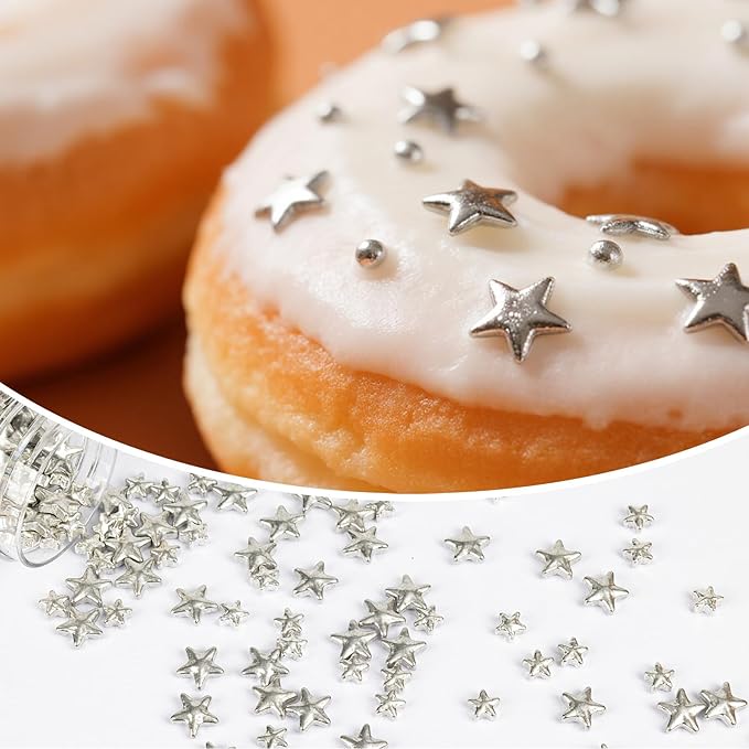 Twisweet Silver Sprinkles, Edible Silver Stars for Cake Decorating, Sugar Sprinkles for Baking, Mix Size Silver Candy, Cake Topper Ice Cream Cupcake Cookie Toppings Dessert Decorations, Christmas Wedding Birthday Party Supplies (130g/4.58oz)