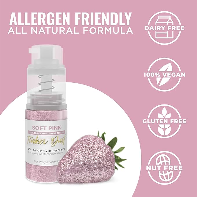 Bakell - Soft Pink Tinker Dust (4g, 1x Mini Spray Pump) Edible Glitter for Food, Desserts, and Beverages!