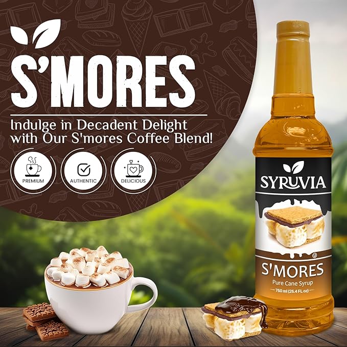 Syruvia S’mores Syrup for Coffee - 25.4 fl oz. Kosher and Gluten-Free. Perfect for Lattes, Smoothies, Shakes, Drinks, Desserts, and More.