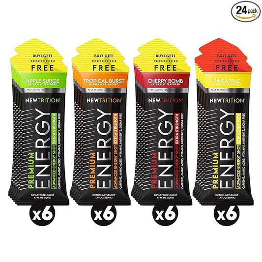 NewTrition® Extra Strength Energy Shots, 250mg Caffeine Energy Shots with Vitamin B & Amino Acids, Sugar-Free Vitamin Energy Shot, 1.7 fl oz (Pack of 24, 4 Flavors-Mixed-2)