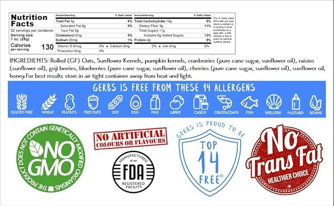 Gerbs Super 5 Fruit Granola, 2 LBS - Top 14 Food Allergy Free & Non GMO - Unsulfured & Keto Safe - Cranberry, Blueberry, Goji Berry, Cherry, Raisin