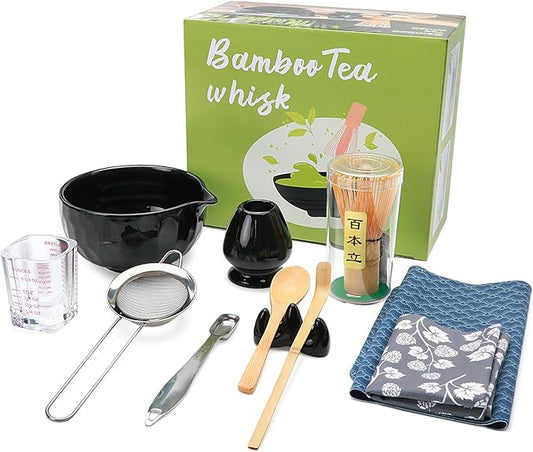 11 PCS Matcha Set Whisk and Bowl, Black Matcha Kit Set with Scoop & Holder,Ceramic Japanese matcha Tea set, Complete Gift set,Making Breakfast,Latte for Friend,Family,Tea Lovers