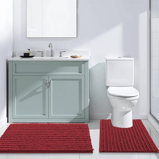 Arotive Luxury Chenille Bathroom Rug Mat, Extra Soft Thick Absorbent Shaggy Bath Rugs, Non-Slip Machine Wash Dry, Plush Bath Mats for Bathroom, Shower and Tub, 36x24, Red