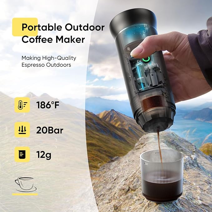Portable Espresso maker, Travel Coffee Machine for Camping, Car Self-Heating Coffee Maker with USB-C,Compatible With Ground Coffee & NS Capsules, Portable Espresso Machine for RV, Hiking, Home