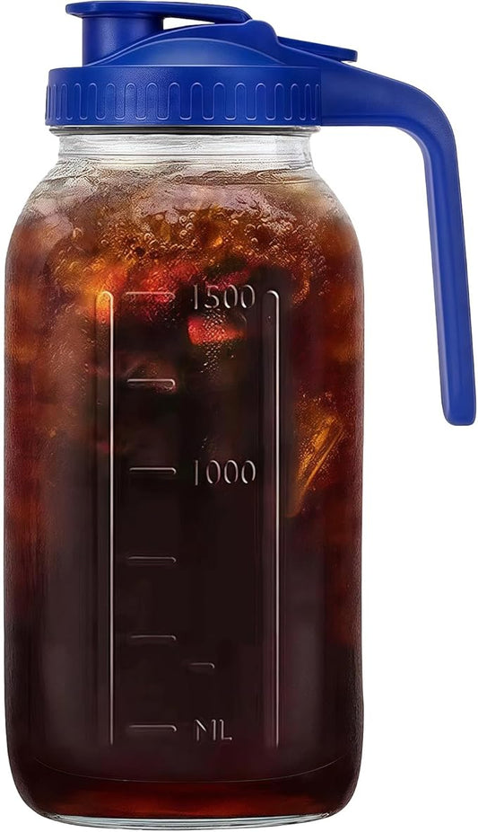 64oz Glass Pitcher with Handle and Lid, 2 Quart Mason Jar Pitcher - Airtight & Leakproof Water Jug with Pour Spout Lid, Glass Containers for Fridge, Perfect for Juice, Cold Brew, Iced & Sun Tea