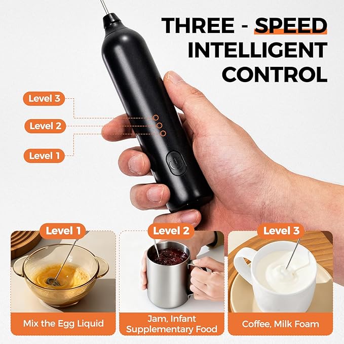 Milk Frother Type-C Rechargeable Handheld Electric Whisk Coffee Frother 3 Speed Adjustable Foam Maker Blender for Coffee Matcha Latte Cappuccino Hot Chocolate Kitchen Gifts(Black)