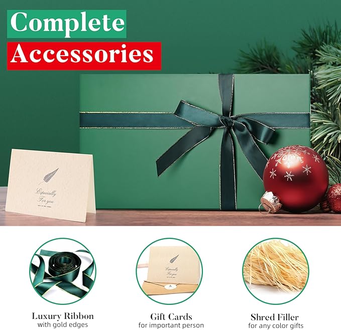 LIFELUM Gift Boxes with Lids 2 Pack 13.85 x 8.35 x 4.45 inch Green Christmas Gift Boxes with Strong Magnetic Lid for Presents with Luxury Accessories Card, Ribbon, Filler,Sticker