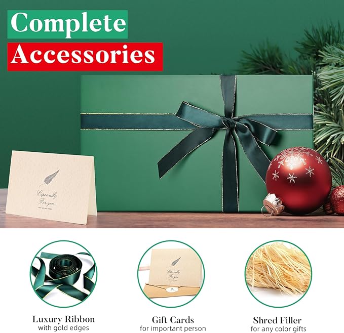LIFELUM 5 Pack Boxes - Large Green Boxes of Gifts 13.8 x 8.5 x 4.5 Inch with Strong Magnetic Lid, Contains Card, Ribbon, Filler, Sticker