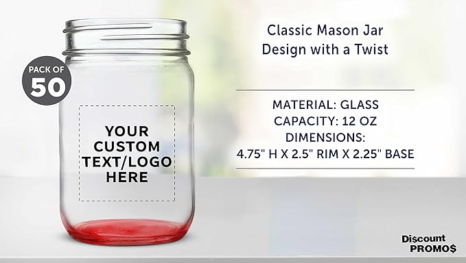 DISCOUNT PROMOS Custom Decorating Mason Jars 12 oz. Set of 50, Personalized Bulk Pack - Glass Jars for Overnight Oats, Candies, Fruits, Pickles, Spices, Beverages - Red