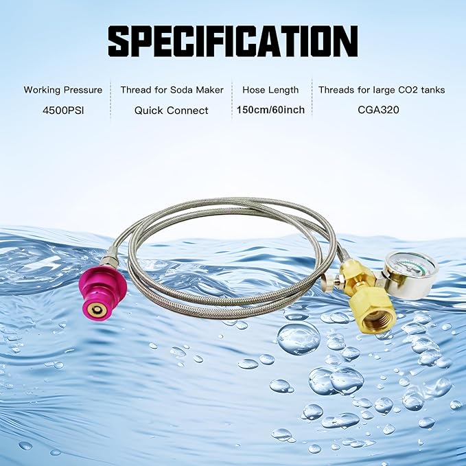 Soda Terra Maker Co2 Adapter,Co2 Quick Connect Adapter Hose with 3500psi Pressure Gauge,Compatible with Duo/Art/Terra/Gaia/AQUA FIZZ Pink Cylinder Soda Water Machine (60in)