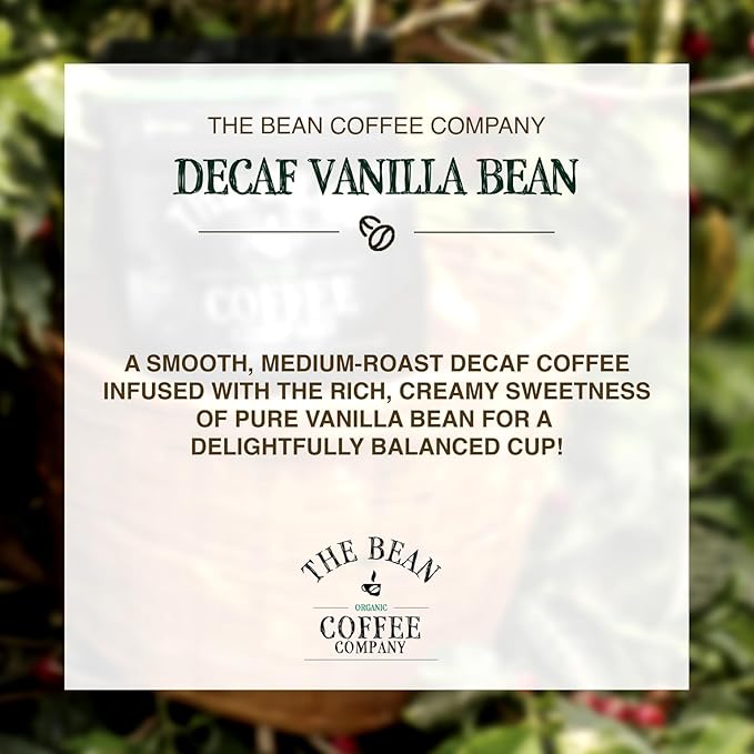 The Bean Organic Coffee Company Water Processed DECAF Vanilla Bean, Medium Roast, Ground Coffee, 16-Ounce Bag, Café Molido Tostado Orgánico descafeinado