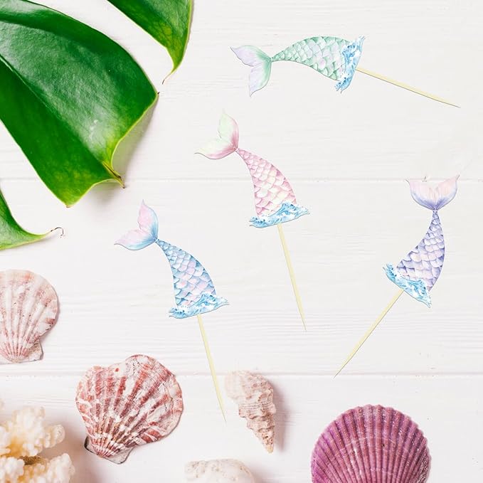 24 Pieces Mermaid Tail Cupcake Toppers Under the Sea Cake Decorations Picks for Mermaid theme Birthday Party Decoration Baby Shower Supplies (Mermaid Tail)