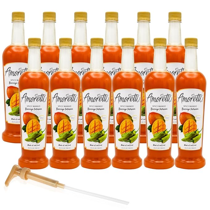 Amoretti - Spicy Mango Beverage Infusion, 94 Servings Per Bottle (750 ml) - Drink Mix & Water Enhancer with Pump for Flavoring Cocktails, Waters, Teas, and other Beverages, Preservative Free