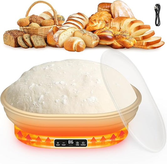 Heating Sourdough Bread Proofing Basket, 4L Electric Thermostatic Silicone Oval Banneton Proofing Bowl with 6 Timer & Temp Settings for Dough Rising, Dishwasher Safe, Foldable Sourdough Starter Bowl